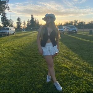 White Ruffled Skirt with bow and flower embroidery